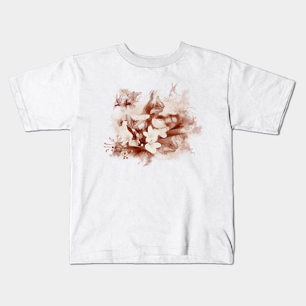 Sepia toned tropical flowers and butterflies Kids T-Shirt by hereswendy